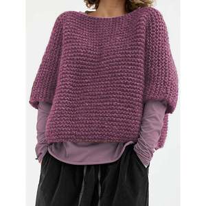 Suéter de Punto Grueso para Mujer, Color Borgoña, Cuello Redondo, Manga Media, Estilo Relajado, para Invierno - Product Image 3
