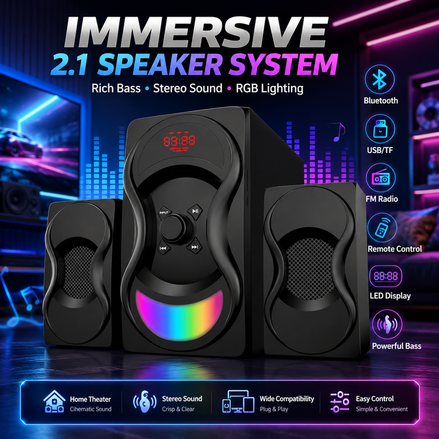 Factory 2.1 RGB Computer Speaker, 3-Way Audio Crossover Hi-Fi Home Theater Subwoofer, USB FM Radio Soundbox for PC Gaming TV