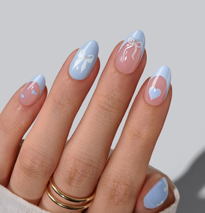 เล็บปลอม BTArtbox Almond Luxury แบบเจลนิ่มสีฟ้า ลายโบว์ ปลายเฟรนช์ แบบสั้น ทำมือ คุณภาพสูง ขายส่ง - Product Image 1