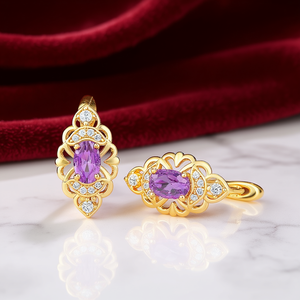 E2985 <b>Gold</b> Women's <b>Amethyst</b> <b>Ring</b> Flower Design Pave Setting Classic Engagement Gemstone <b>Rings</b> - Product Image 2