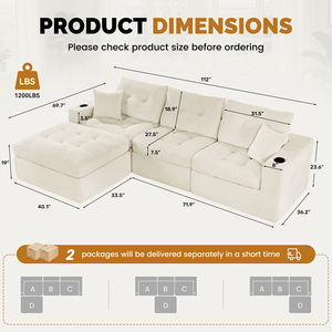 Sofá Modular en Forma de L Convertible de Terciopelo Moderno con Función de Masaje, Espuma de Alta Resiliencia, Diseño Acolchado, Bolsillos Laterales, para Sala de Estar - Product Image 6