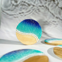 Ensemble de sous-verres en bois Boho Coasts, formes variées, motif marée, avec support, en époxy anti-rayures, pour la décoration de table de villa de plage, café ou bureau