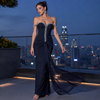 Robe de soirée sirène noire pour femme, épaules dénudées, col cœur orné de strass, taille drapée, robe de cérémonie pour bal de promo, galas et boutiques