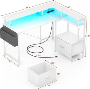 Printer Stand Full Monitor Stand Storage Bag Hanging Hooks White File <strong>Drawer</strong> <strong>Cabinet</strong> Gaming <strong>Computer</strong> <strong>Table</strong> L Shaped Office Desk - Product Image 2