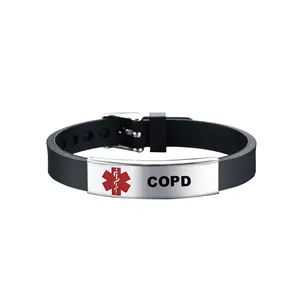 Medische Armband Op Maat Gegraveerd Siliconen Verstelbare Sport Id Identificatie Alert Roestvrij Staal Rubberen Polsband