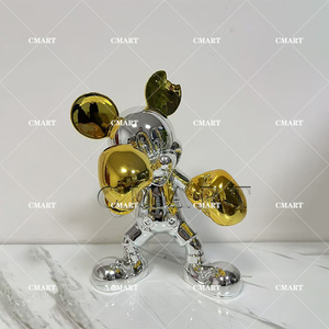 Scultura in Resina a Tema Amore con Topo Pugile, Modello Mickey, in Cromo Oro Nero Rosso, per Arredamento Casa - Product Image 5