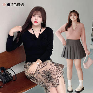 Runqi N8566 Women's <b>Long</b> Sleeve <b>T</b>-<b>Shirt</b> Halter V-Neck Solid Color Knitted <b>Black</b> Plus Size Fashion Top - Product Image 4