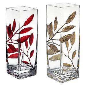 Hand Blown Glass Vase Custom Logo Design Unique Tall Square Cylinder Clear Flower Glass Vase for Wedding Home Decor