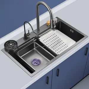 Waterfall Kitchen Sink Pull Type Faucet Single Slot High Pressure Cup Washer 304 Stainless Steel Coffee Shop Wine Bar Sink AF