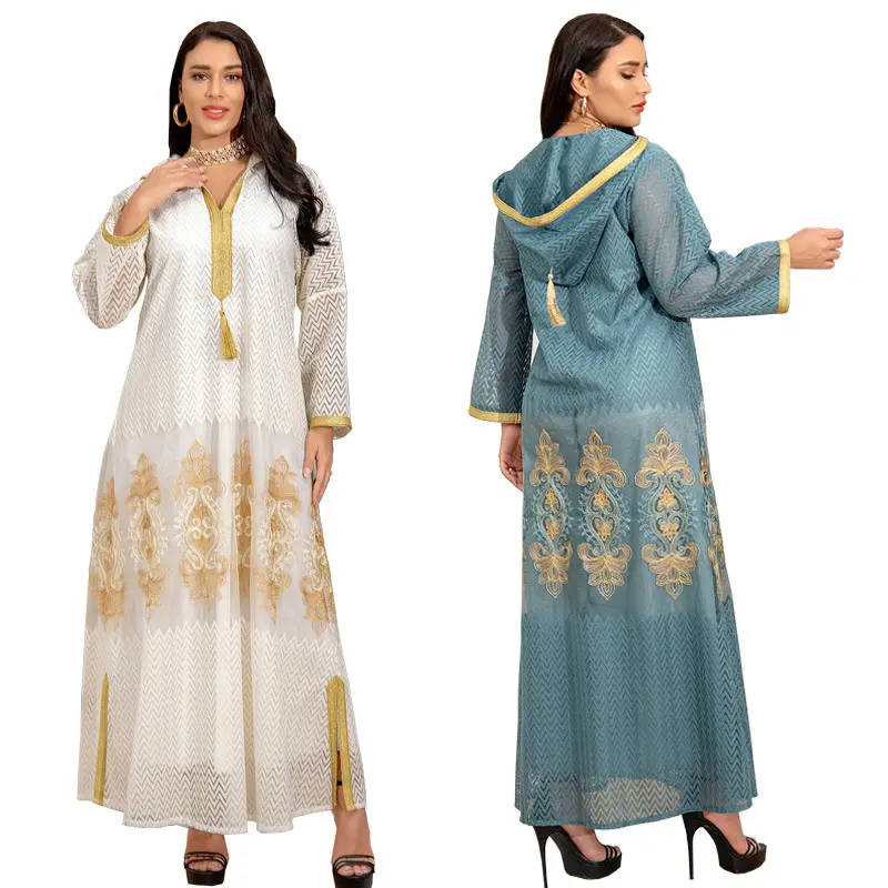 Eid al Adha Gurbang Festival Goldfaden bestickt Kapuze Mesh Gaze Nahost Robe Habaya Dubai Frauen muslimischen Kleid