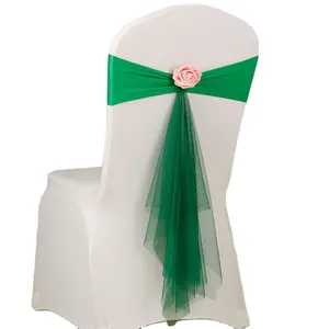 Wholesale Wedding Party Hotel Spandex Chair Bow Ties Tulle Organza Chair Sashes With Rose Ball Flower Chair Sash