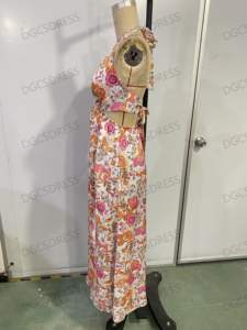 Relic Floral cuello en V Vestido Halter fuera de la manga Slip Slit Robe Bohemia Split Vestido largo Maxi Boho Beach para mujer Vestido de verano - Product Image 3