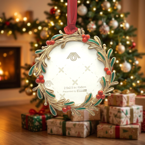 Metal <b>Christmas</b> Ornament Circle Shape with Red Berries and Green Leaves Handcrafted Decor 2.5x2.5 In Indoor Use - Product Image 2
