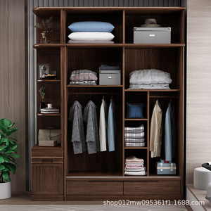 Walnut Solid Wood <b>Wardrobe</b> Sliding Door <b>Large</b> Capacity Bedroom Storage Cabinet Modern Chinese Style - Product Image 1