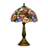 Lampe de table artistique en verre teinté de style européen, motif libellule bleue et lotus, 12 pouces, rétro, pour bar, salle à manger, chambre à coucher, lampe de chevet