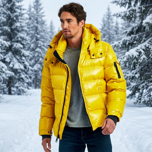 Men's <b>Yellow</b> Hooded <b>Puffer</b> <b>Jacket</b> Windproof Thick Winter Casual Coat With Zipper Closure Regular Fit Solid Color - Product Image 1