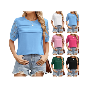 Camiseta Casual Holgada de Cuello Redondo para Mujer, para Vacaciones de Verano, Color Sólido, Encaje, Impresión Digital, Tejido de Punto, Nailon Bordado - Product Image 1
