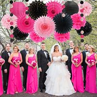 Décorations de fête rose vif pour filles et femmes, pompons en tissu rose vif et noir, éventails suspendus, lanternes, pour enterrement de vie de jeune fille, mariage, anniversaire