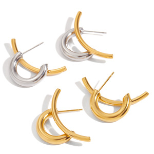 Boucles d'oreilles créoles géométriques en acier inoxydable plaqué or 18 carats, bicolores, unisexe, pour tous les jours - Product Image 5