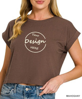 T-shirt court personnalisé pour femme, anti-humidité, séchage rapide, imprimé en relief, manches courtes pliées, en polyester et élasthanne, crop top pour femme
