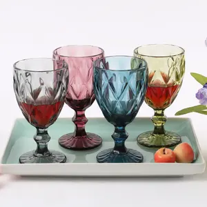 Pink Blue Custom Diamond Drinking Colored Water Wine Glass Cup Wedding Champagne Embossed Transparent Goblet Glass Cups