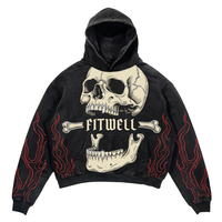 Sweat à capuche graphique tête de mort noir délavé personnalisé, manches flamme en strass, coupe oversize, style streetwear, pour marques en marque blanche