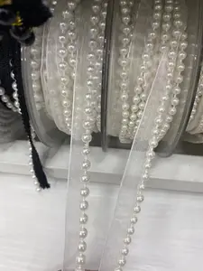 Novo design feito à mão pérola 3d frisado tecido de renda para vestido de casamento bordado flor pérola tule bordado rendas