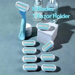 Women's Manual <b>Razor</b> With 8 Stainless Steel Blades For Underarm And Leg Hair Removal <b>Razor</b> Holder Included - Product Image 1