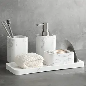 4 Piece Bathroom Accessories Set BX 4 Piece Marble Resin Bathroom Accessory Set Soap Dispenser Cotton Holder Tumbler Tray