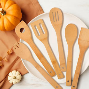 Ustensiles de cuisine <span class=keywords><strong>Gadget</strong></span> de cuisine en bambou naturel Ustensiles de cuisine avec logo personnalisé en gros Outils Cuillère Fourchette Spatule Ensemble - Product Image 4