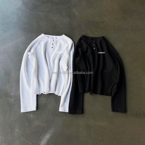 T-shirt décontracté surdimensionné pour homme en maille gaufrée de haute qualité, chemise longue personnalisable vierge à manches longues en maille gaufrée - Product Image 2