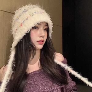 Gradiente de pelúcia japonês malha gorro para as mulheres estilo coreano longa trança bonito casual rosto pequeno quente orelha proteção chapéu outono - Product Image 1