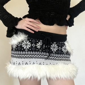 Fair Isle Vacation <b>Fur</b> Patchwork Colorblock Mini Skirt BM Autumn Winter Low Waist Design Snowflake Pattern Knit Bodycon Skirt - Product Image 4