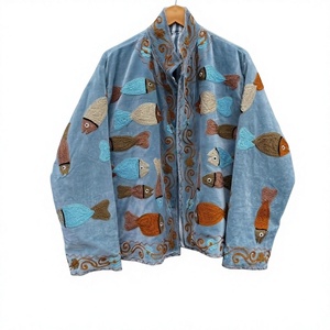 Abrigo Informal Azul Terciopelo con Bordado de Peces para Adultos, Talla Grande, para Primavera/Verano, Chaqueta Suzani de Poliéster de Secado Rápido - Product Image 1