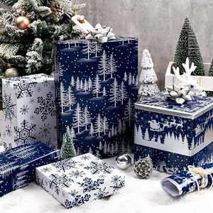 Dark <b>blue</b> Christmas snowflake Christmas tree pattern copperplate <b>paper</b> gift wrapping <b>paper</b> festive decoration - Product Image 1