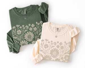 T-shirt à manches longues monochrome floral style bohème OEM ODM, style vintage, motif floral, cadeau pour les amoureux de la nature, tendance bohème, chic rétro - Product Image 1