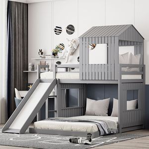 เตียงสองชั้นทรงบ้านสีเทาพร้อมสไลเดอร์สำหรับห้องนอนเด็ก - Product Image 2
