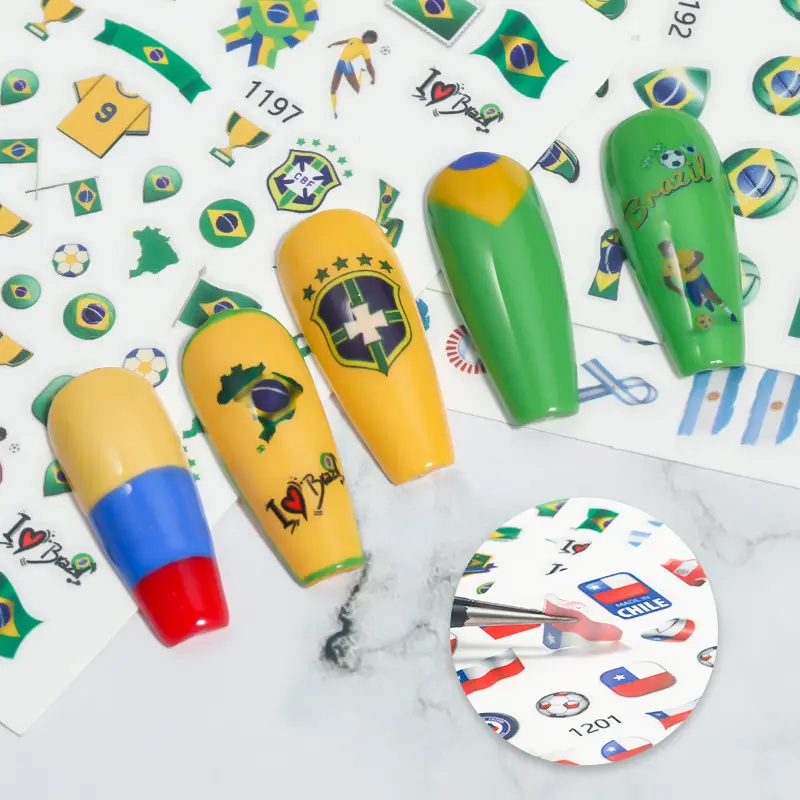 Brazil Flag Nail Art Stickers, European Cup Football Match Nail Decals, 3D Self-adhesive Flag Badge Butterfly Design Nail Art