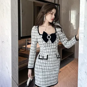 ZYHT 10164 Drop Shipping Square Collar Female Clothes Plaid Vintage Robe Femme Chic Tweed Dress for Women