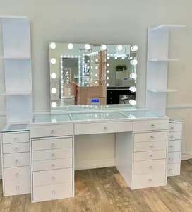 White Glossy Paint Makeup <strong>Vanity</strong> Table <strong>with</strong> LED <strong>Lighted</strong> <strong>Mirror</strong>, Drawers and Shelves for Bedroom Storage - Product Image 1