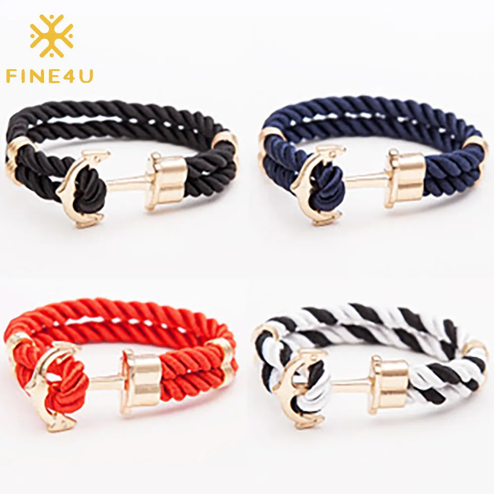 Wholesale couple handmade men jewelry woven gold plated alloy anchor navy blue black red rope bracelet