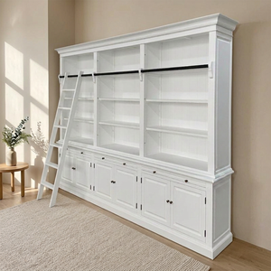 Natural <strong>mahogany</strong> wood <strong>bookcase</strong> designed with three bays adjustable shelves and iron rail ladder for attractive organized storage - Product Image 6