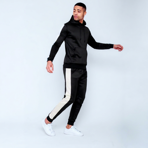 Ensemble de survêtement pour homme, noir, à capuche, sweat-shirt et pantalon de jogging, couleur unie, respirant, en polyester, pour l'automne - Product Image 1