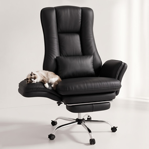 Chaise de bureau moderne en cuir à dossier haut, pivotante, avec coussin lombaire, repose-pieds et base en acier inoxydable, idéale pour le salon ou l'école - Product Image 1
