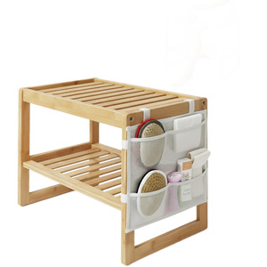 Bedside <b>Table</b> With Storage Shelf <b>Bamboo</b> Minimalist Design For Bedroom Nightstand With Mesh Pocket And Two Tiers - Product Image 5