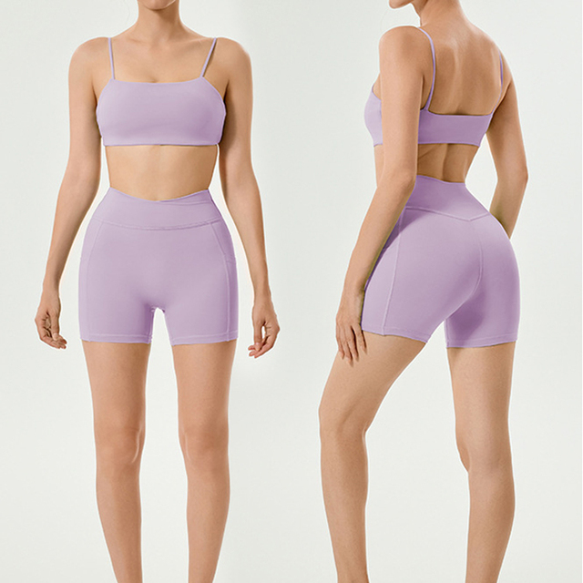 Recycled Polyester Activewear V Waist Workout Clothes for Women Stylish Stretchy 2 Pcs Bra and Shorts Yoga Set