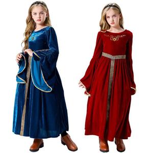 Robe longue de cour médiévale en velours, coupe trapèze, col rond, costume de princesse pour filles, robe de cosplay pour spectacle sur scène, bleu, rouge - Product Image 1