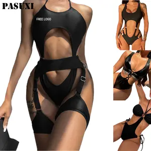 Pasuxi Groothandel Zwart Sexy Badpak Uit Één Stuk Badpakken Halter Hals Bikini Metal Sircle Badkleding