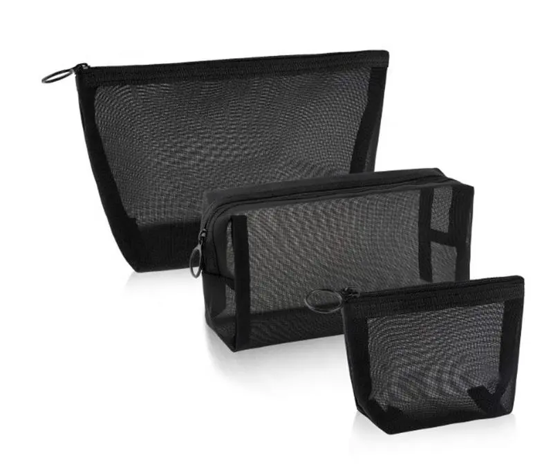 Mesh Zipper Pouch Makeup Bag for Offices Travel Accessories OEM Small Cosmetic Bag Zipper Shenzhen Wholesale 3 Pieces Black cosmetic bags