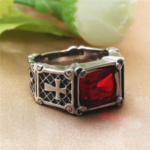 yunnique Men's <b>Titanium</b> Steel Cross <b>Ring</b> Red Stone Bezel Setting Retro Punk Jewelry Gift - Product Image 2